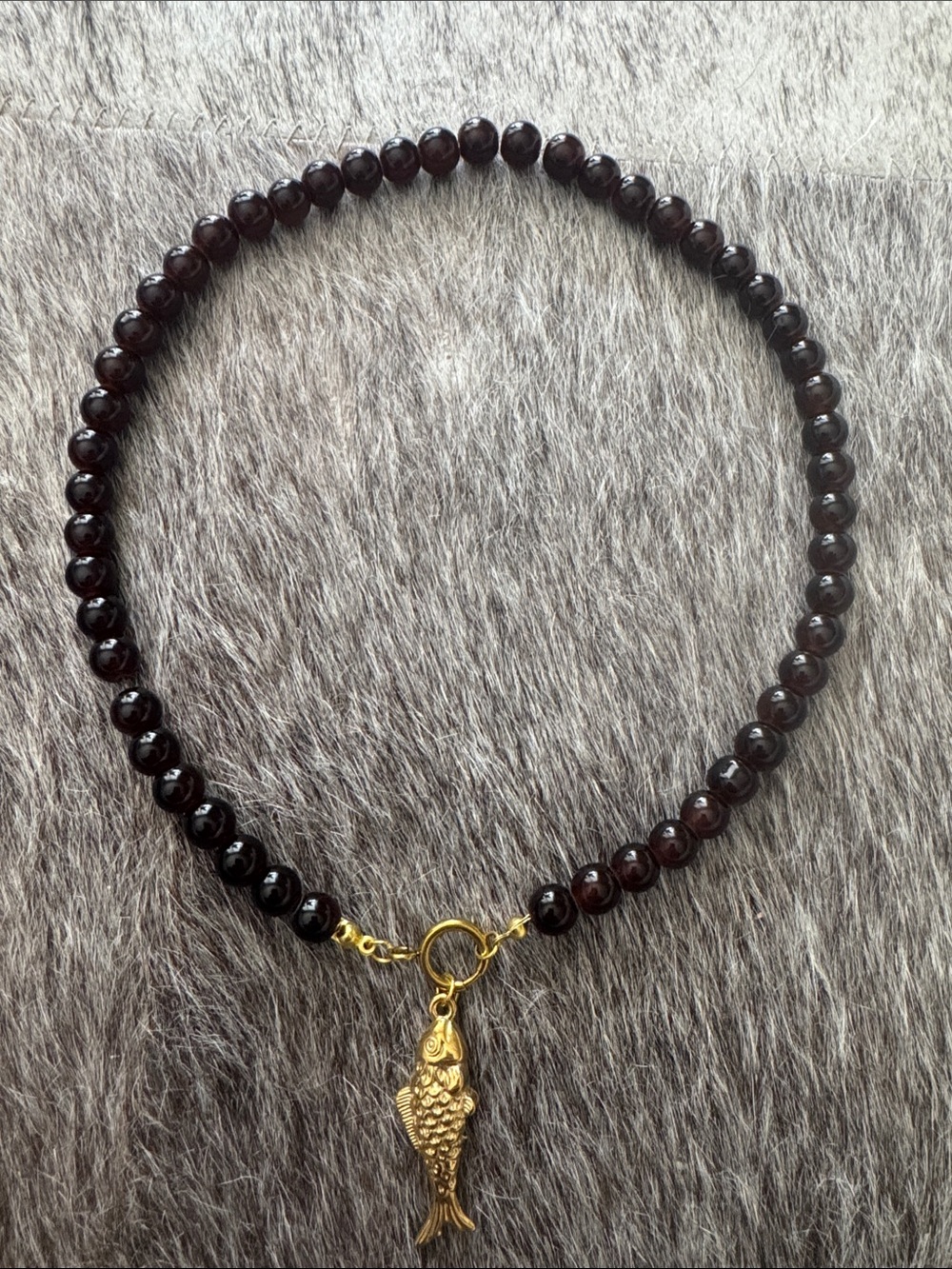 Dark Brown glass Bead Necklace with Gold Fish Charm - Women Jewelry